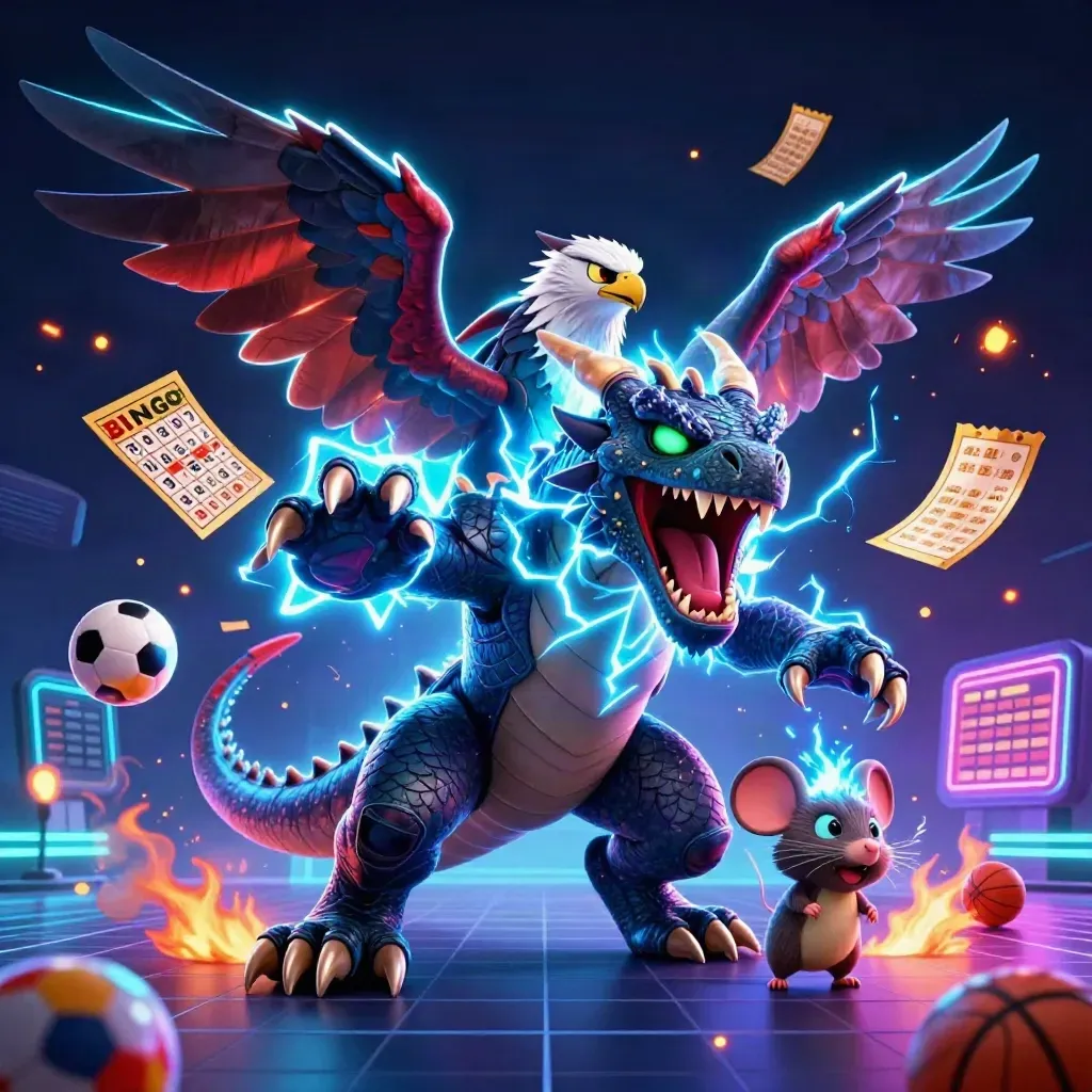 Thunder dragon, wind hawk, and static mouse burst through casino game props in neon cyan light