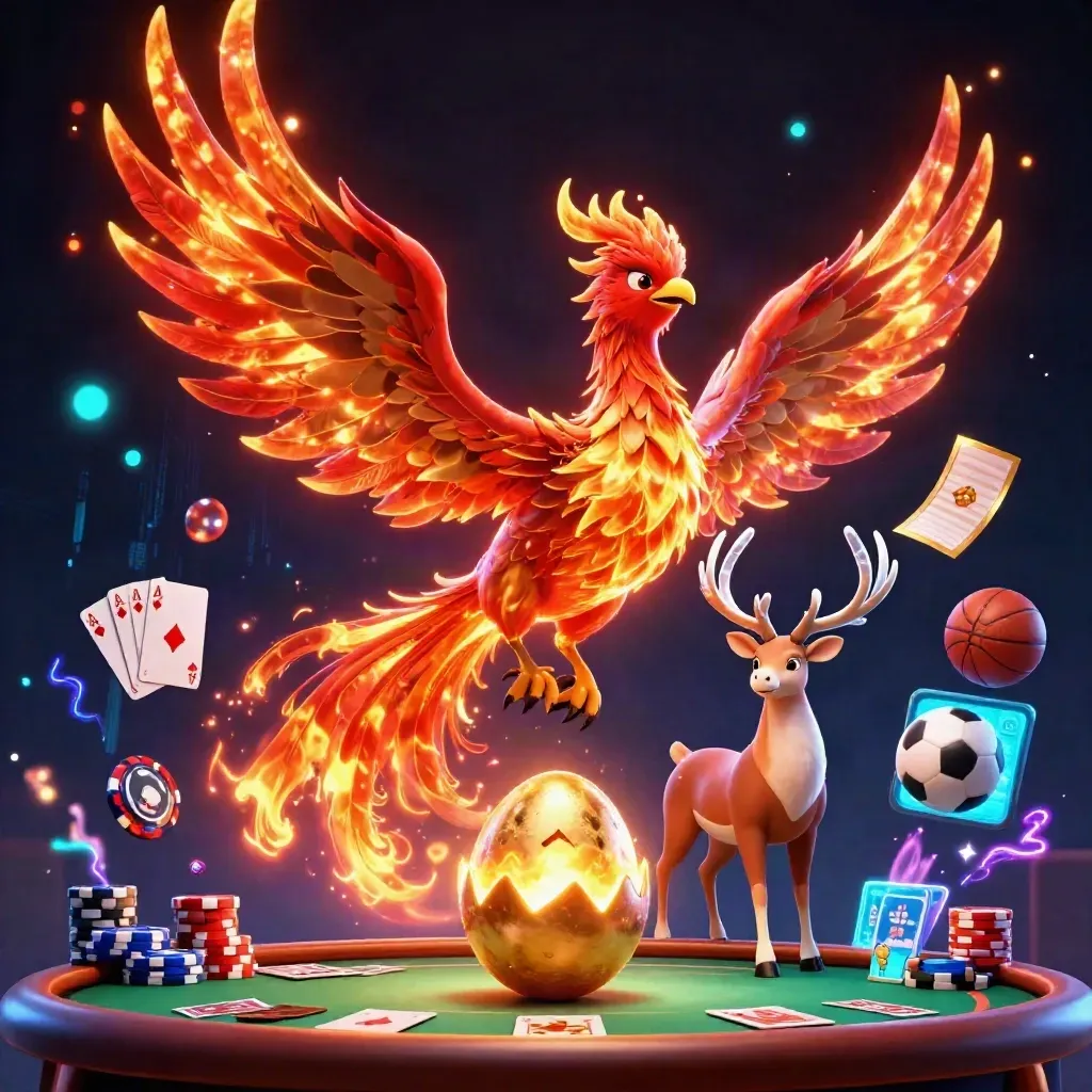 Fire phoenix, baby phoenix, and crystal stag amid casino cards, chips, and neon energy.