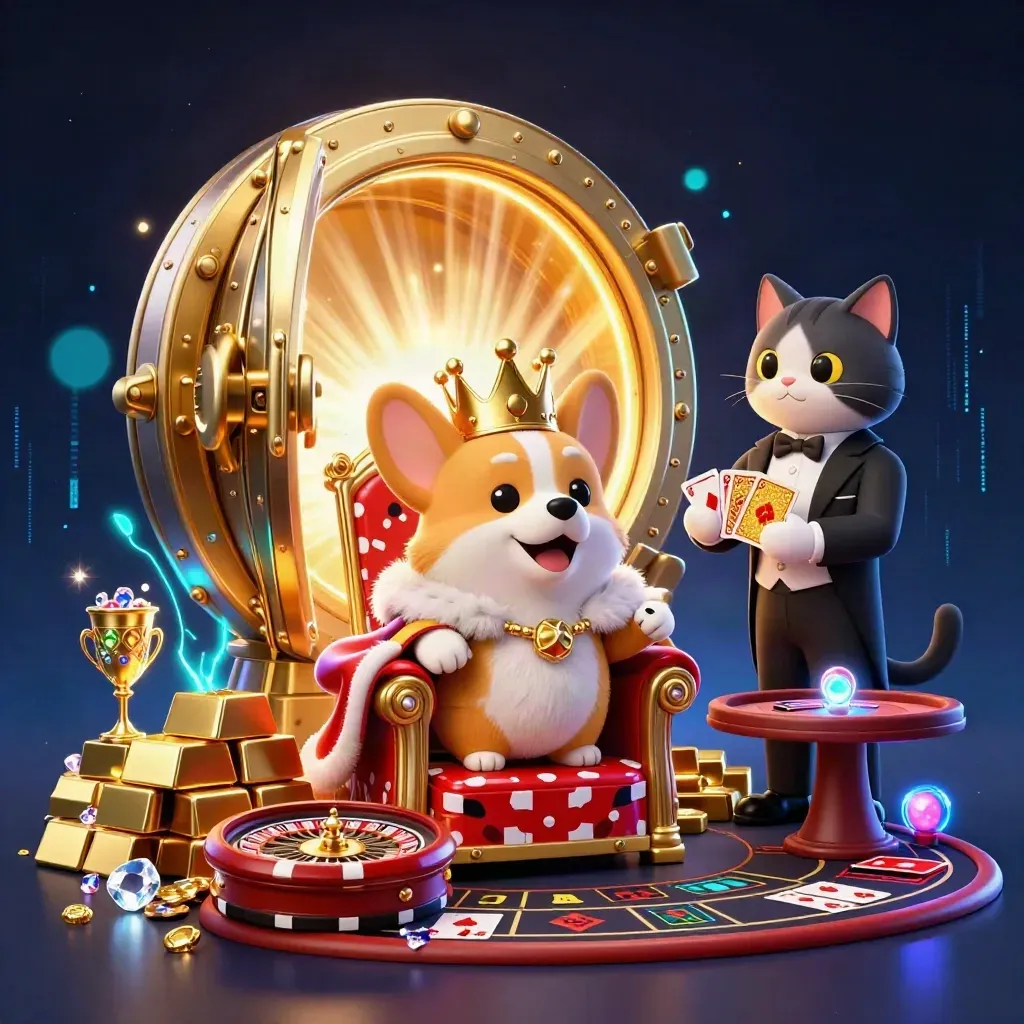 Royal corgi and cat butler amid vault glow, gold, gems, cyan energy, dark neon casino backdrop