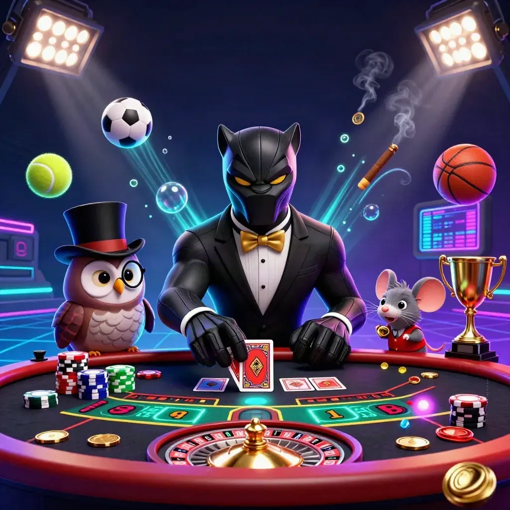 Panther dealer, owl, and mouse at a luxe neon casino table with flying sports balls and trophy.