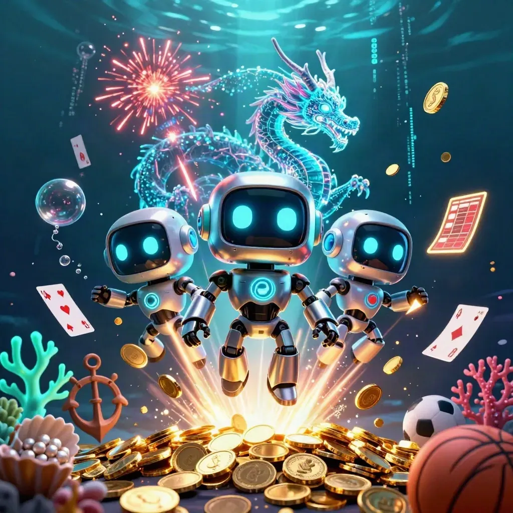Cyberpunk robot, AI dragon, and coin drone burst through an underwater treasure vault