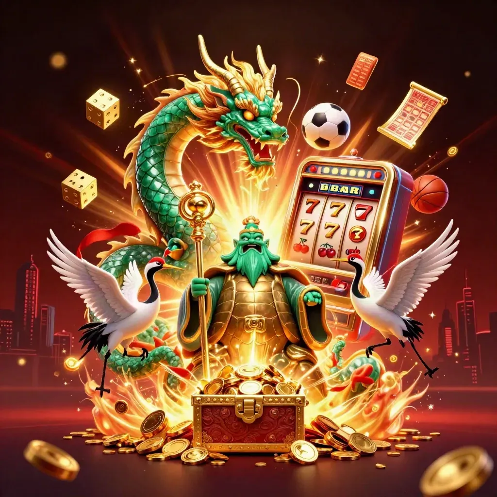 Jade dragon, turtle sage, and cranes amid exploding casino treasure and fireworks