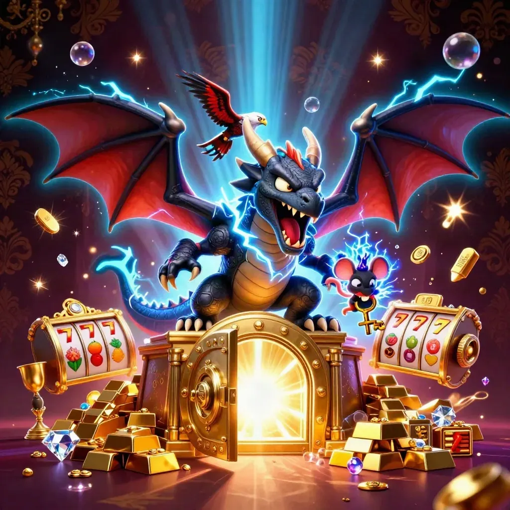 Thunder dragon, hawk, and crackling mouse erupt from a golden vault in neon casino light.
