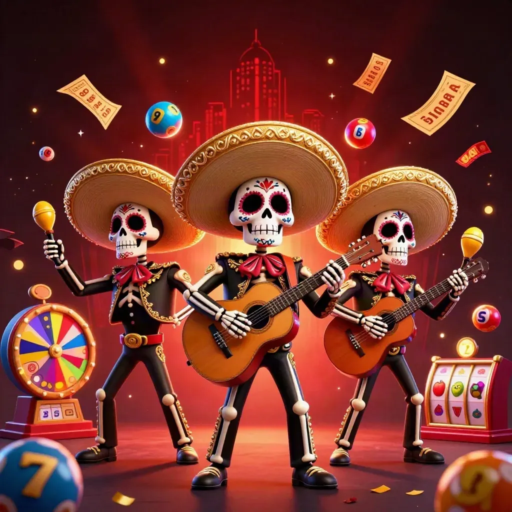 Three skeleton mariachi performers with casino symbols exploding around them in a dark neon frame.
